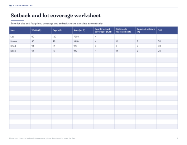 Preview of Printable Setback and Coverage Worksheet